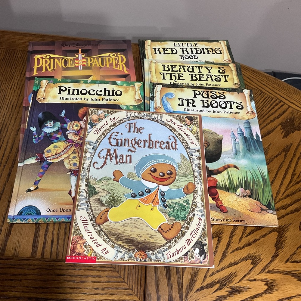 6 books: Pinocchio, Gingerbread Man, Red Riding, Puss, Prince Pauper,BeautyBeast